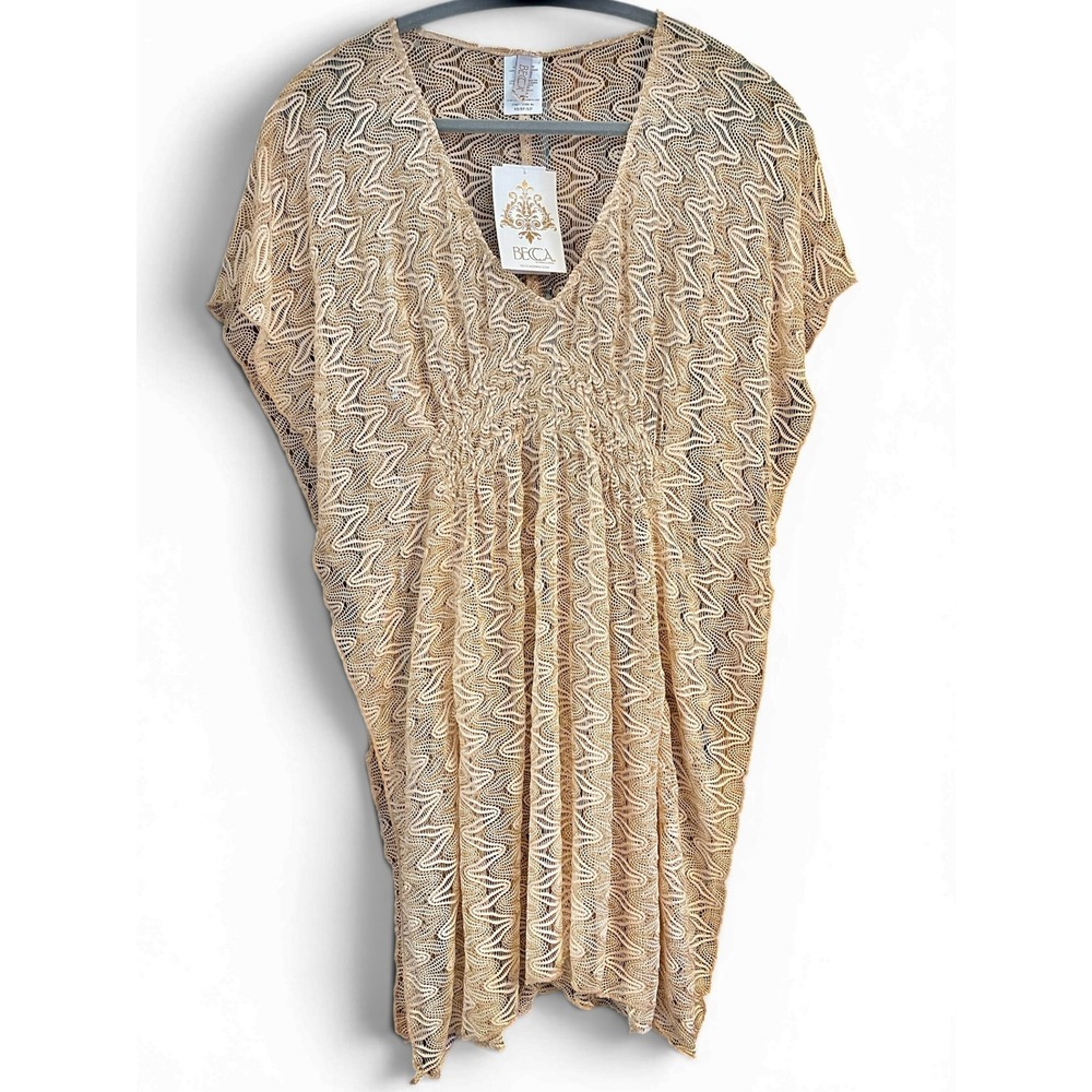 BECCA Riviera Tunic XS/S Gold Metallic Crochet V-Neck Beach Swim Cover Up NWT